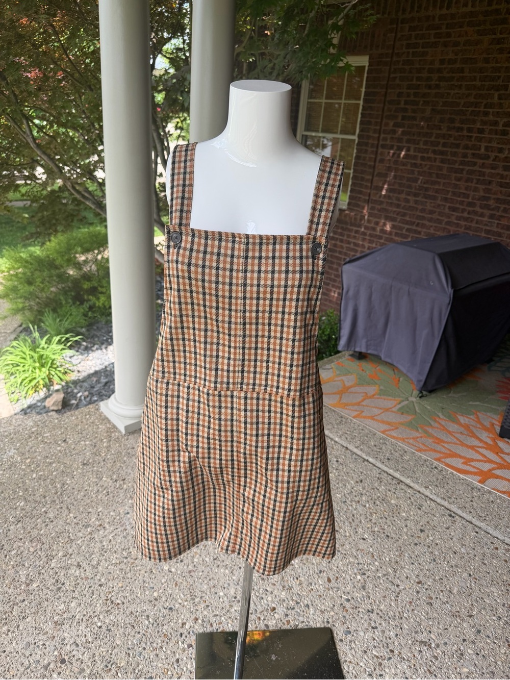 SO® Plaid Button-Strap Pinafore Mini Dress – Brown/Tan Women’s Size Large